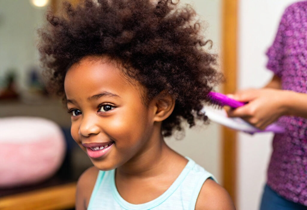 Curly hair kid using a best detangling brush for biracial hair